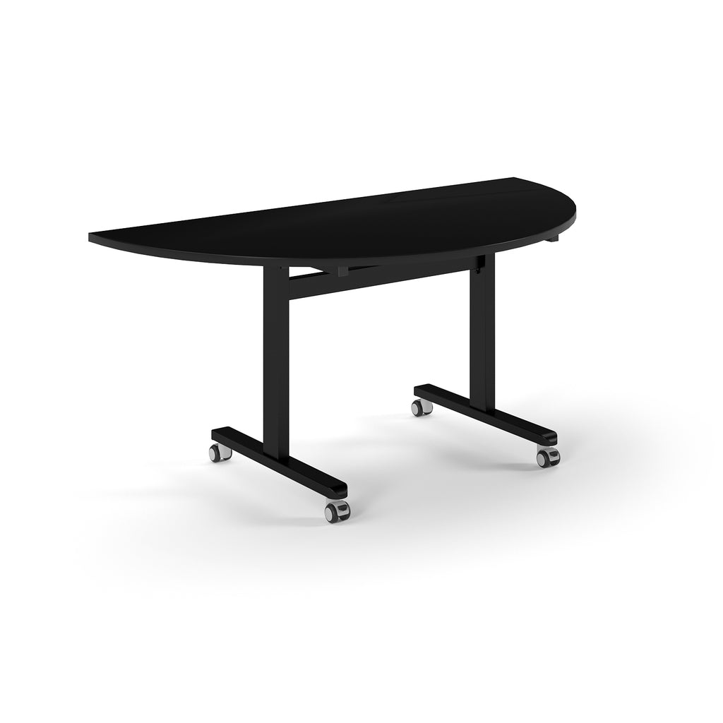Black semi-circular table with metal legs with wheels on a white background