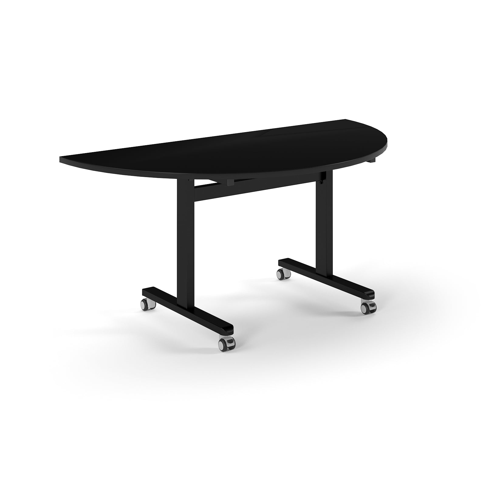 Black semi-circular table with metal legs with wheels on a white background