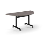 Semi-circular table with grey wood-effect top and metal legs with wheels on a white background