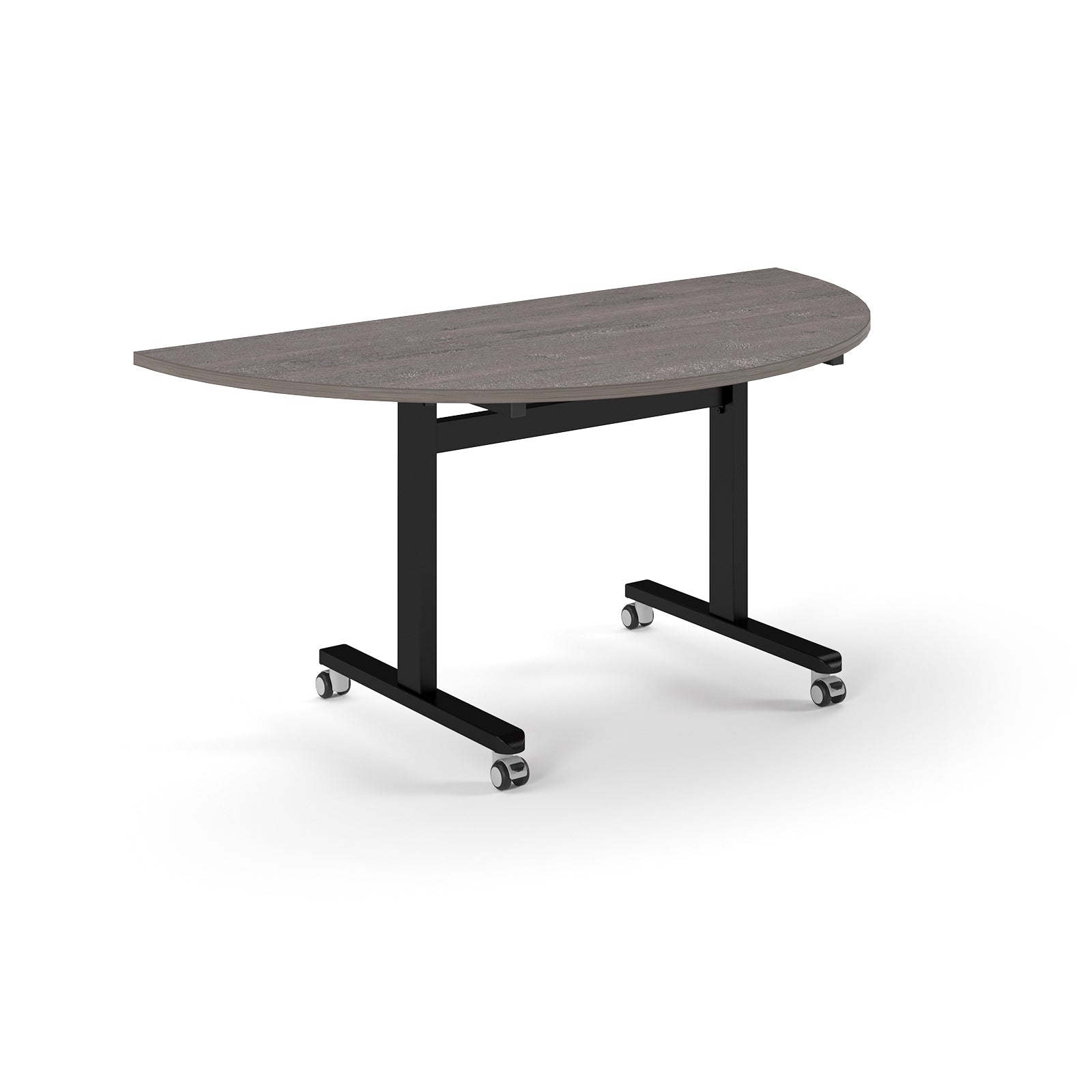Semi-circular table with grey wood-effect top and metal legs with wheels on a white background