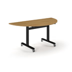 Semi-circular table with wood-effect top and metal legs with wheels on a white background