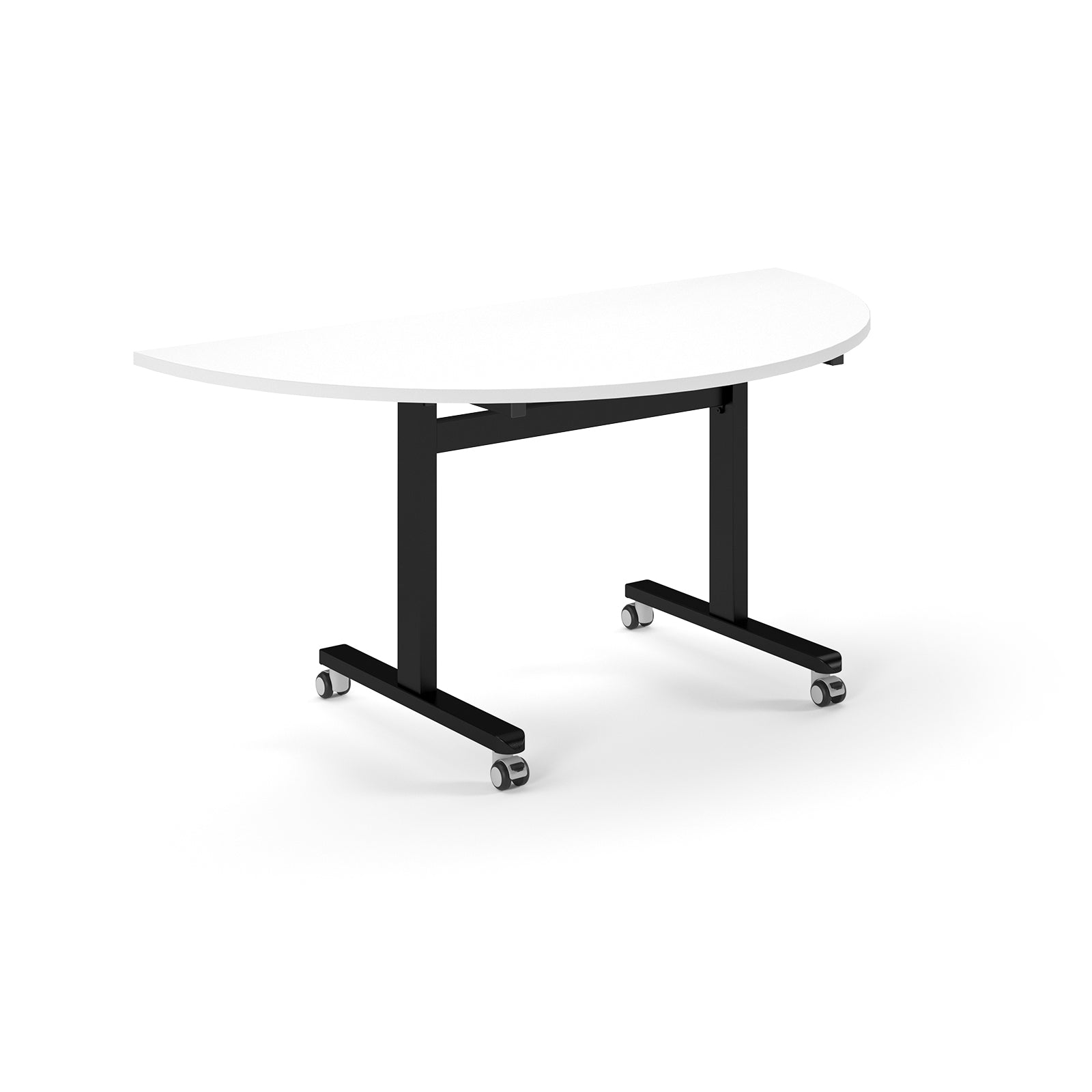 Semi-circular table with white top and metal legs with wheels on a white background