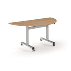 Semi-circular table with wood-effect top and metal legs with wheels on a white background