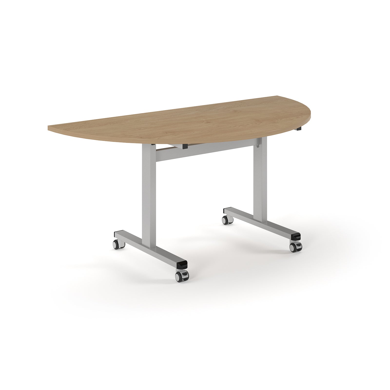 Semi-circular table with wood-effect top and metal legs with wheels on a white background