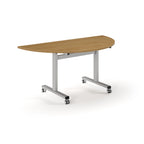 Semi-circular table with wood-effect top and metal legs with wheels on a white background