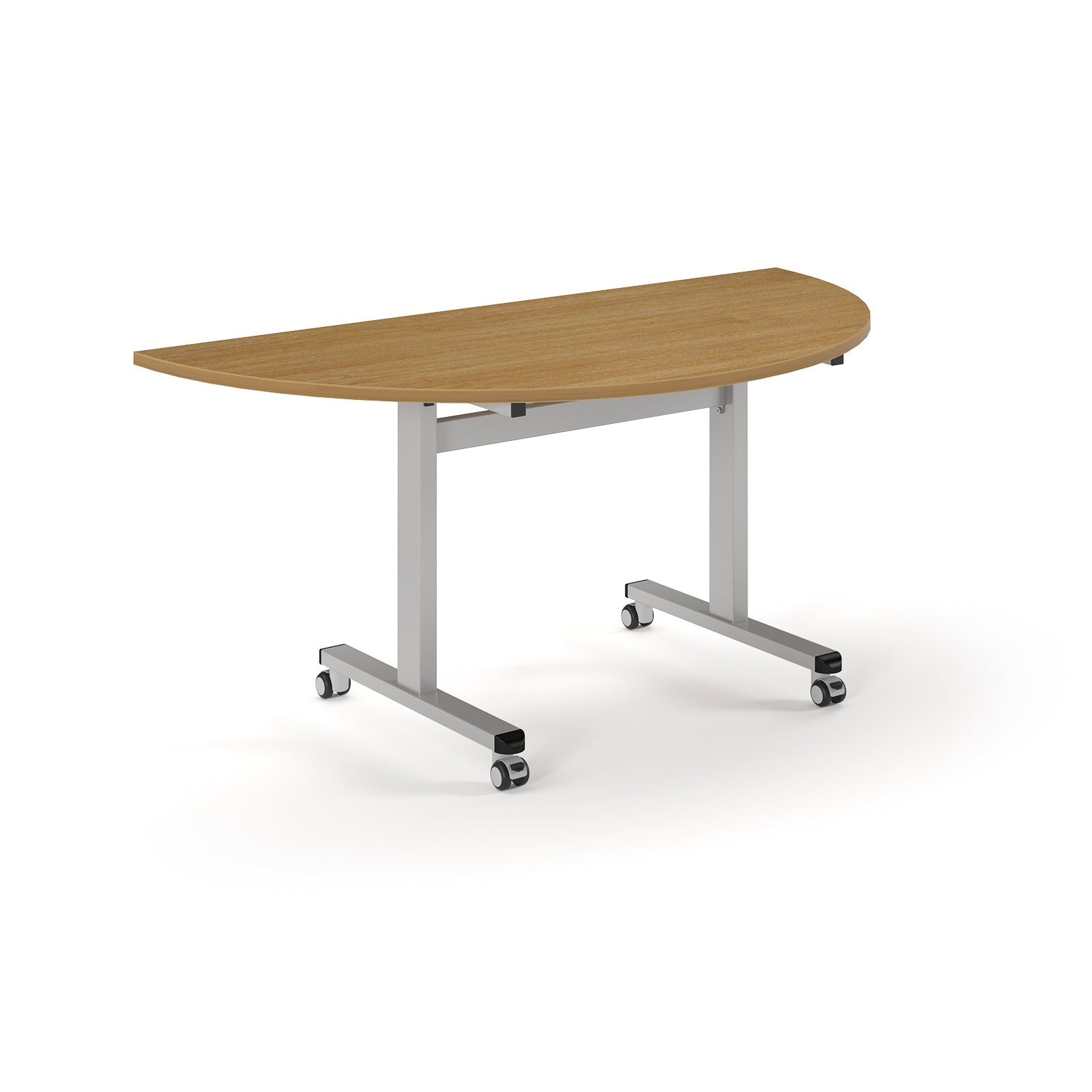 Semi-circular table with wood-effect top and metal legs with wheels on a white background