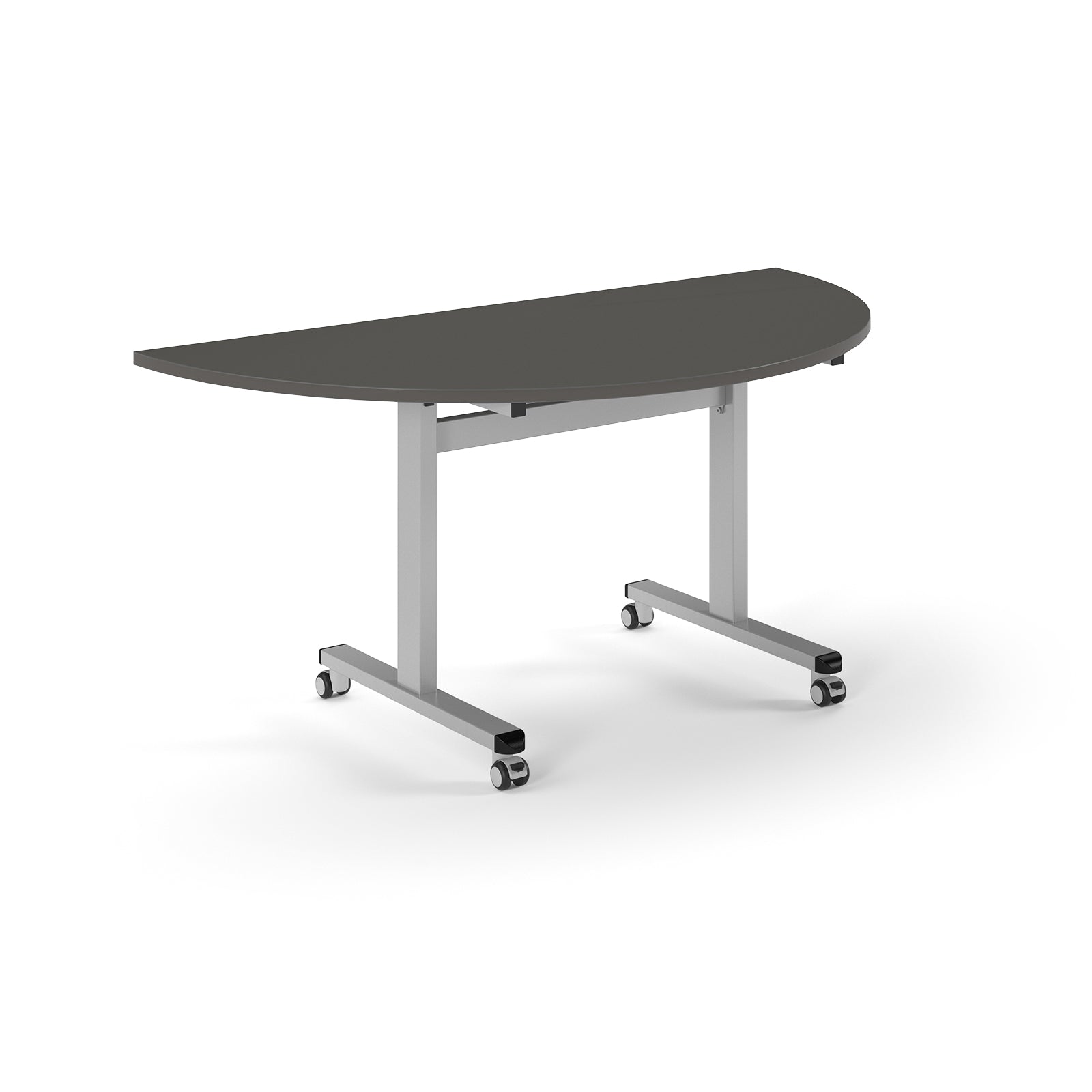 Semi-circular table with grey top and metal legs with wheels on a white background