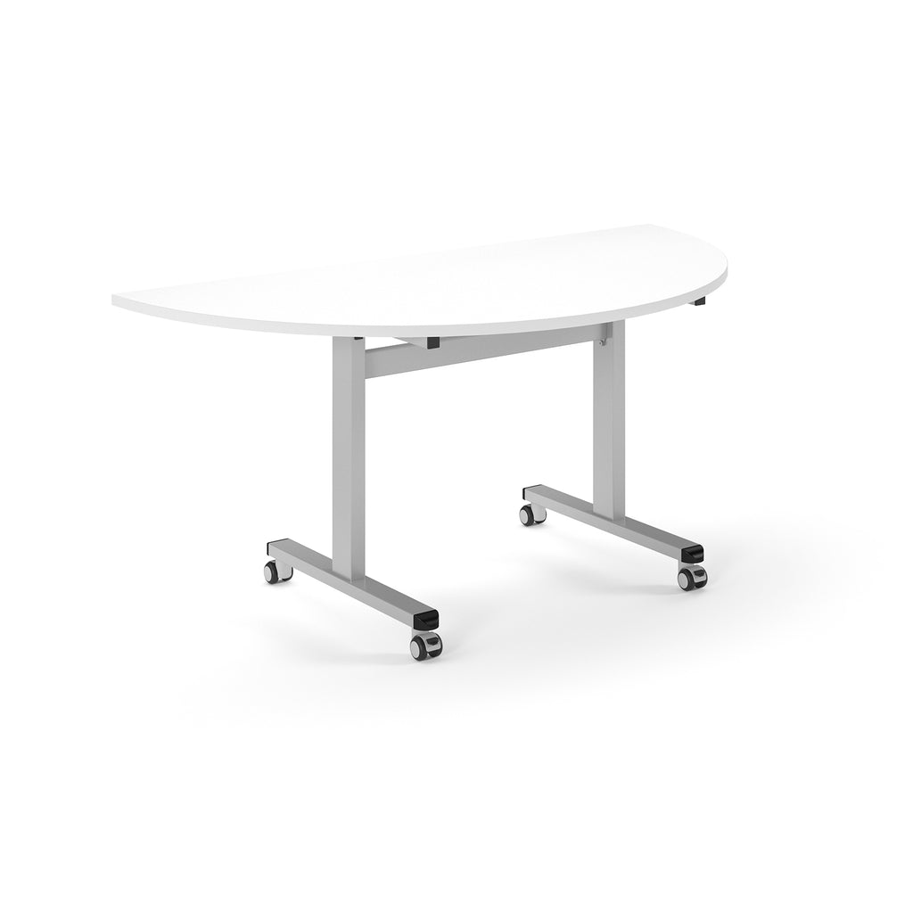 Semi-circular table with white top and metal legs with wheels on a white background