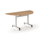 Semi-circular table with wood-effect top and metal legs with wheels on a white background