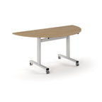 Semi-circular table with wood-effect top and metal legs with wheels on a white background