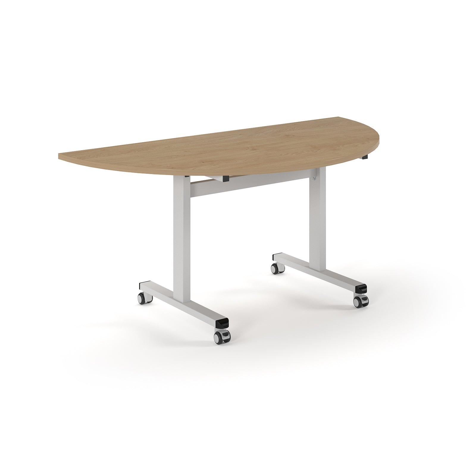 Semi-circular table with wood-effect top and metal legs with wheels on a white background