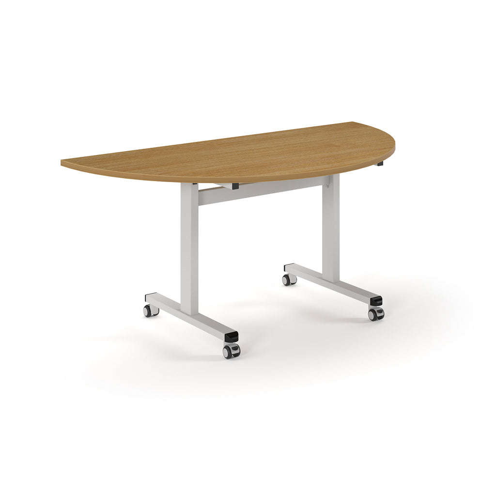 Semi-circular table with wood-effect top and metal legs with wheels on a white background