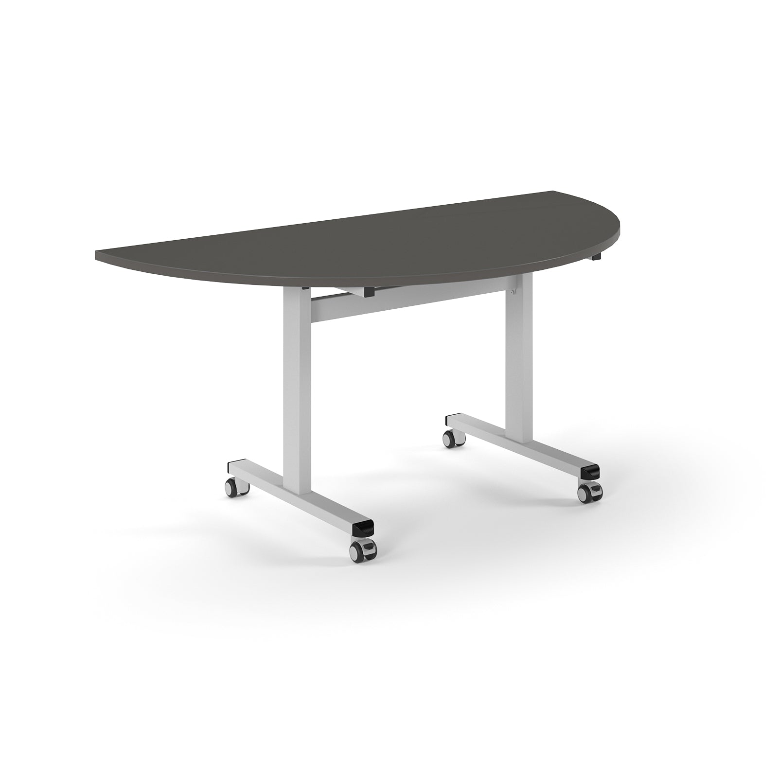 Semi-circular table with grey top and metal legs with wheels on a white background