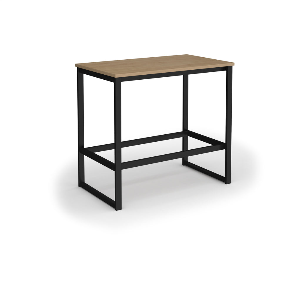 Rectangular high table with a wood-effect top, black metal frame, and integrated lower support rail, shown on a white background.