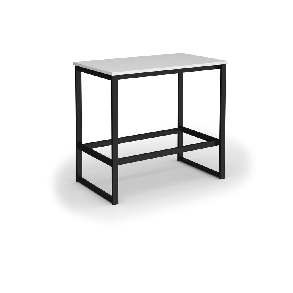 Rectangular high table with a white top, black metal frame, and integrated lower support rail, shown on a white background.