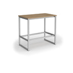 Rectangular high table with a wood-effect top, silver metal frame, and integrated lower support rail, shown on a white background.