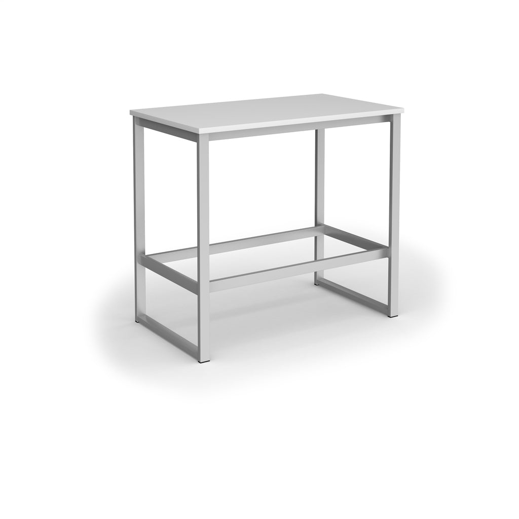 Rectangular high table with a white top, silver metal frame, and integrated lower support rail, shown on a white background.
