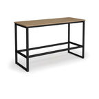 Rectangular high table with a wood-effect top, black metal frame, and integrated lower support rail, shown on a white background.
