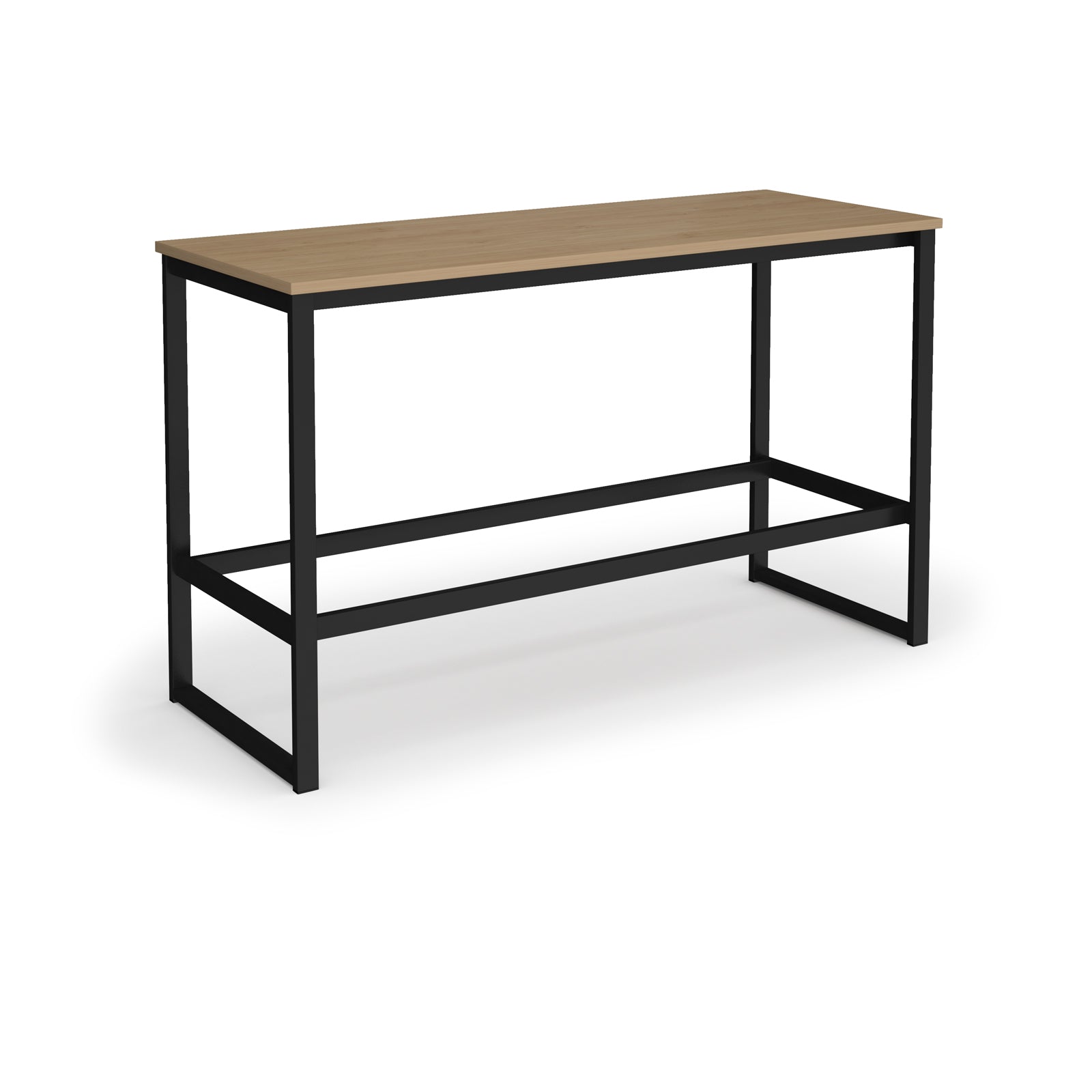 Rectangular high table with a wood-effect top, black metal frame, and integrated lower support rail, shown on a white background.