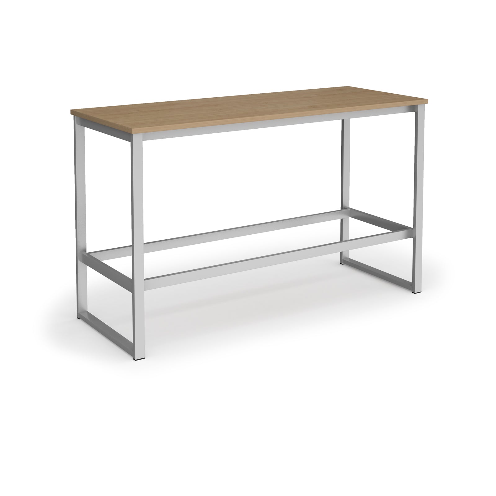 Rectangular high table with a wood-effect top, silver metal frame, and integrated lower support rail, shown on a white background.