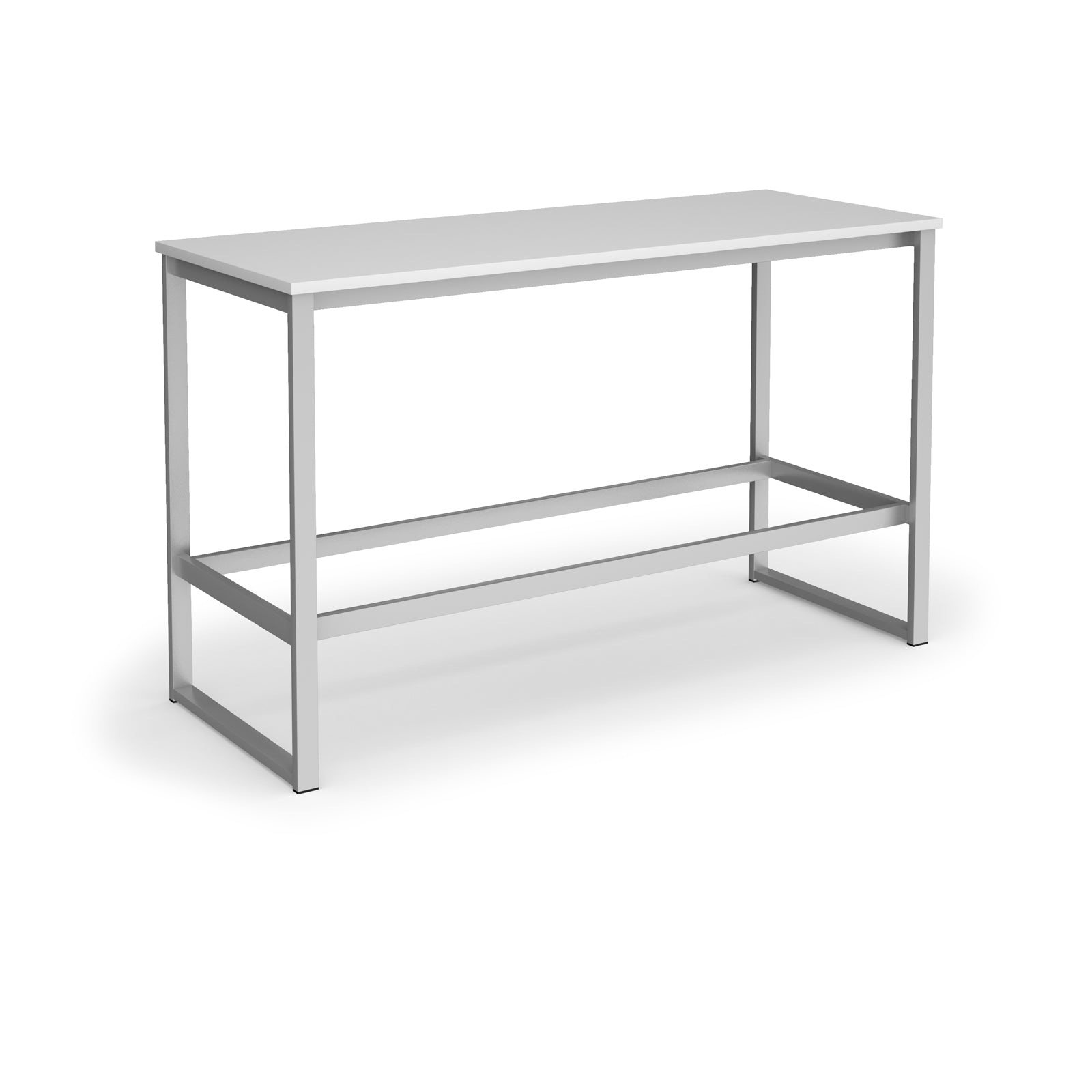 Rectangular high table with a white top, silver metal frame, and integrated lower support rail, shown on a white background.