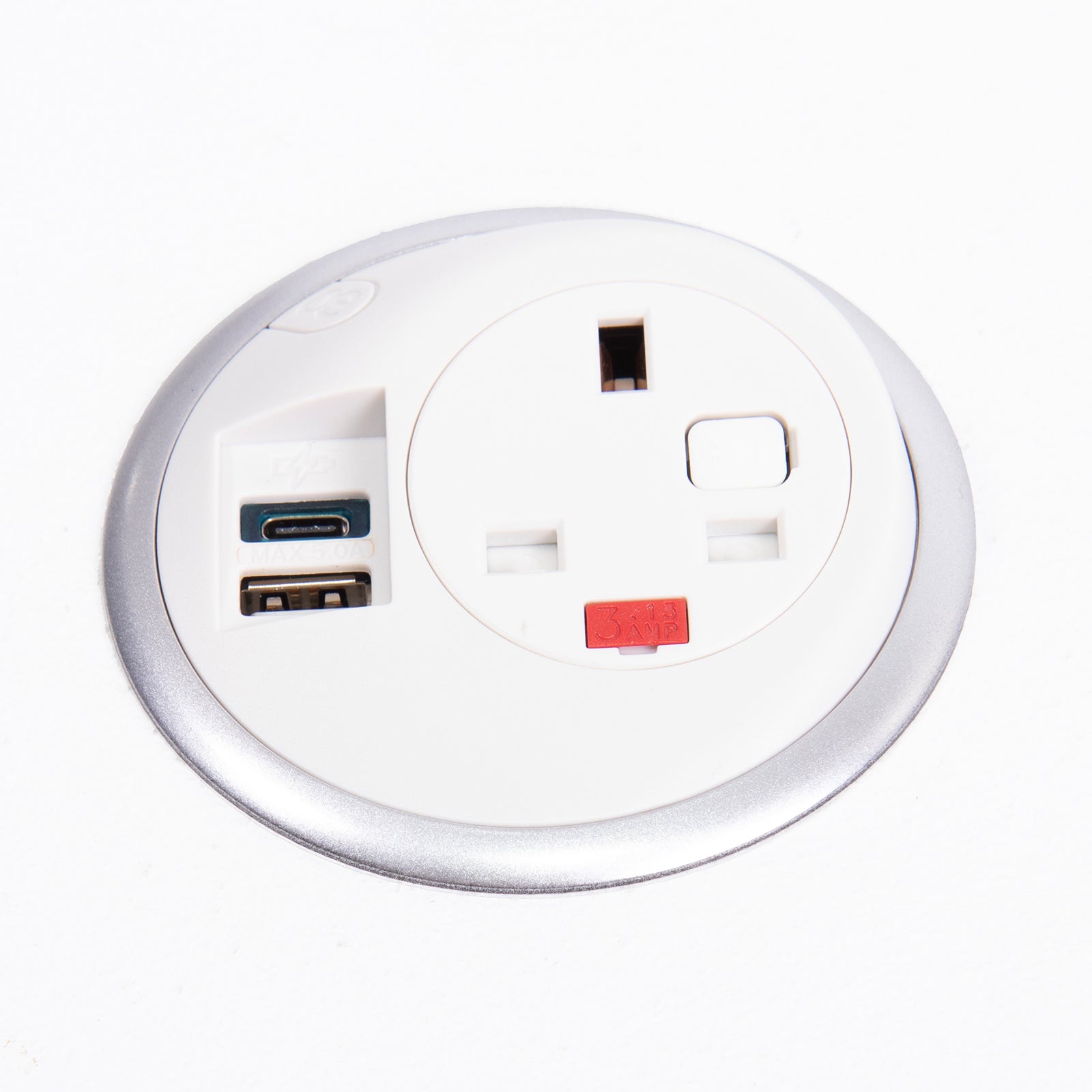 White power module with one UK socket and USB on a white background