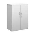 White lockable office cupboard with silver handles, shown on a white background.