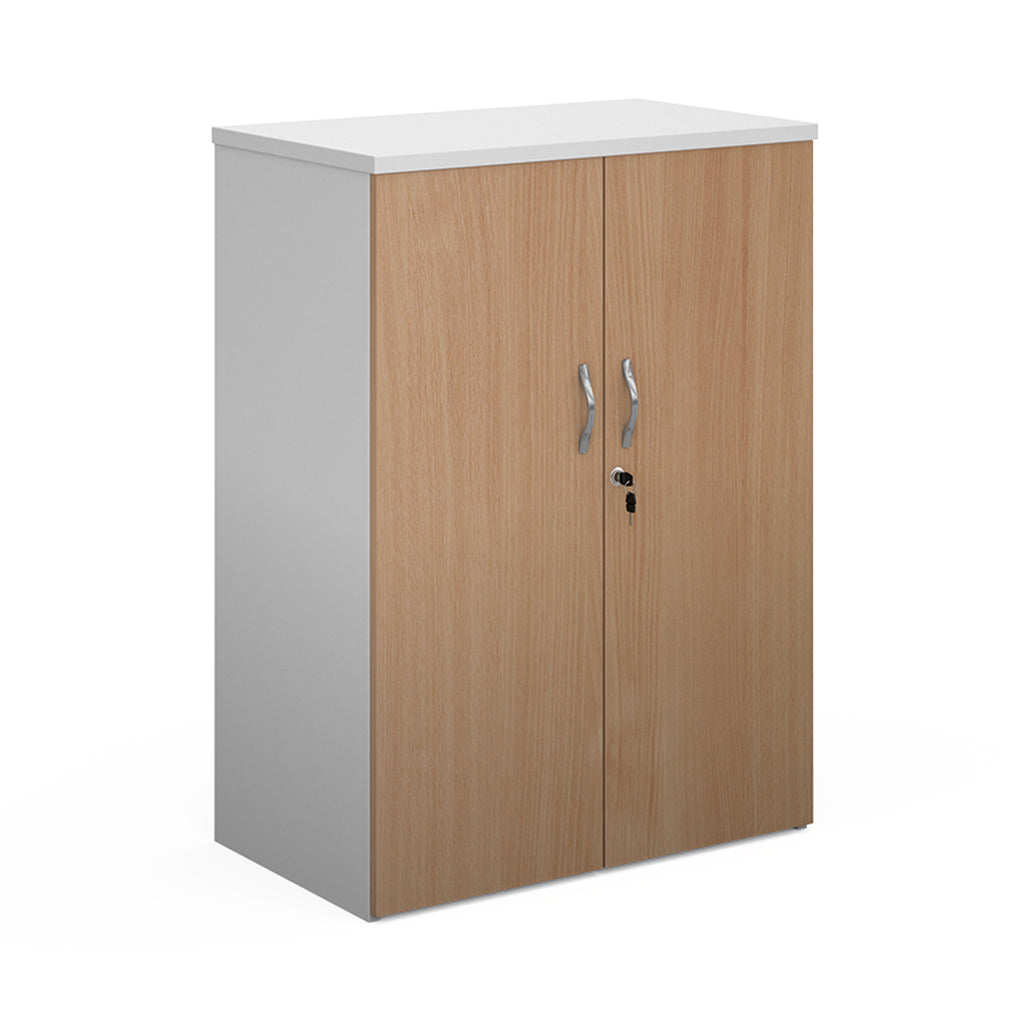 Lockable office cupboard with wood-effect doors and silver handles, shown on a white background.