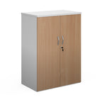Lockable office cupboard with wood-effect doors and silver handles, shown on a white background.