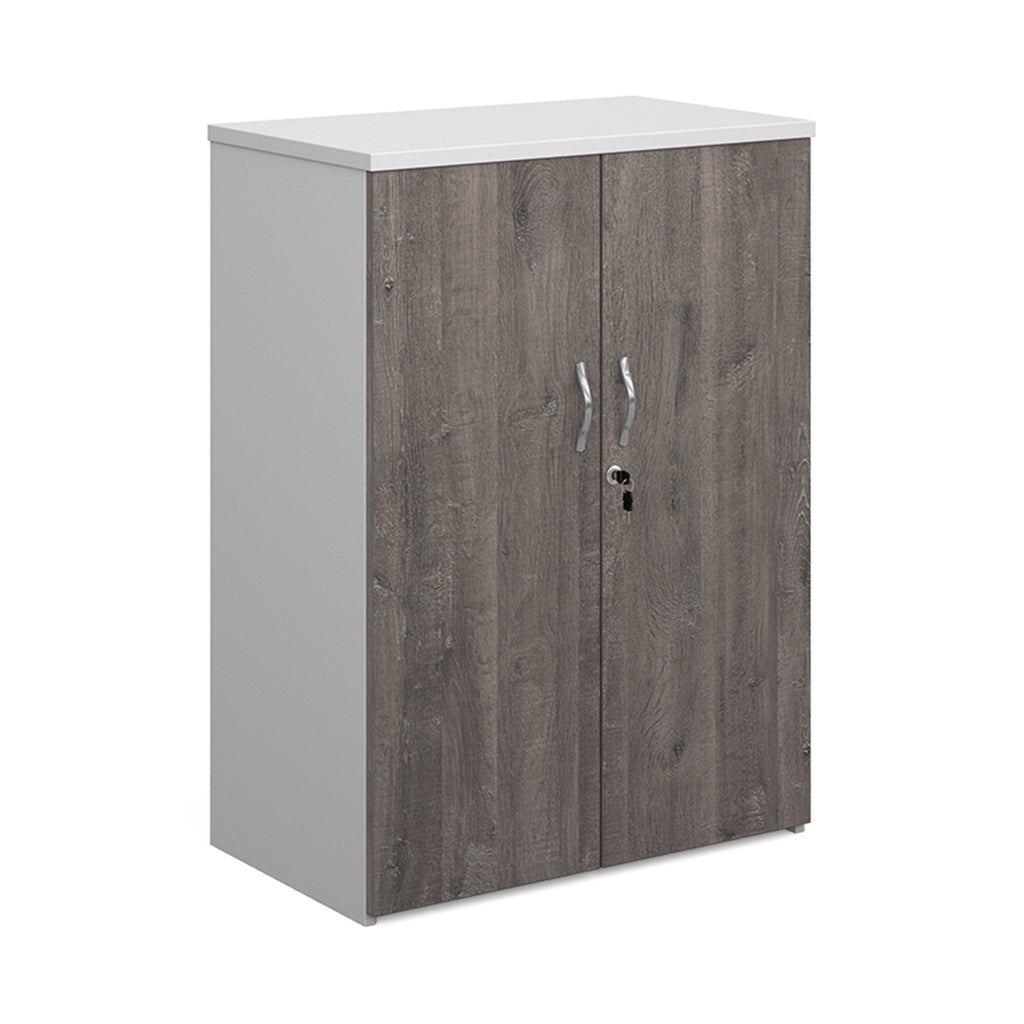 Lockable office cupboard with grey wood-effect doors and silver handles, shown on a white background.