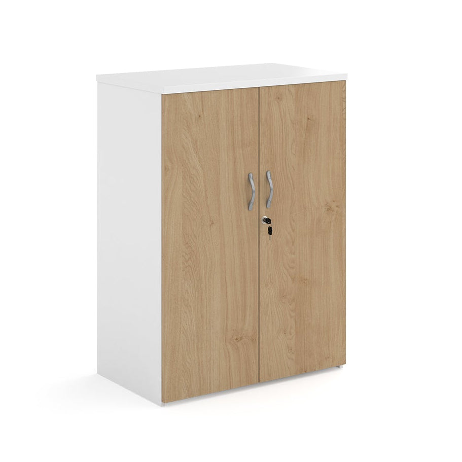 Lockable office cupboard with wood-effect doors and silver handles, shown on a white background.