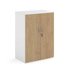 Lockable office cupboard with wood-effect doors and silver handles, shown on a white background.
