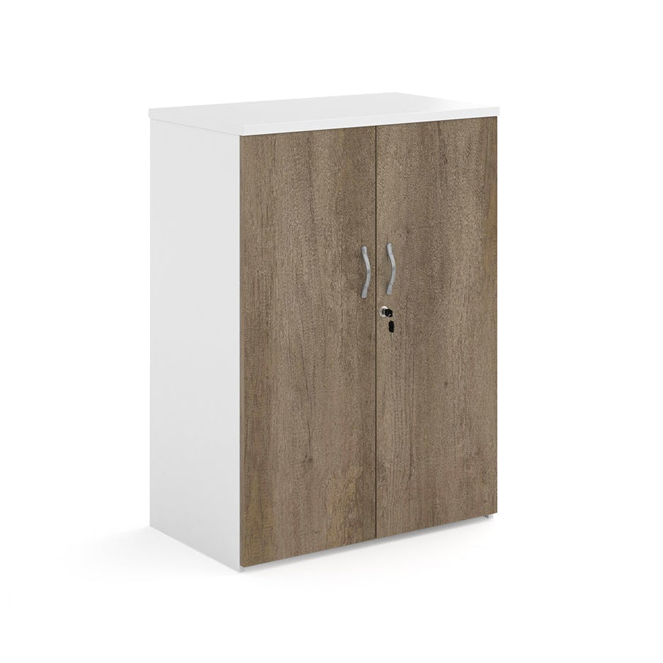 Lockable office cupboard with wood-effect doors and silver handles, shown on a white background.
