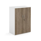 Lockable office cupboard with wood-effect doors and silver handles, shown on a white background.