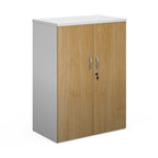 Lockable office cupboard with oak-effect doors and silver handles, shown on a white background.