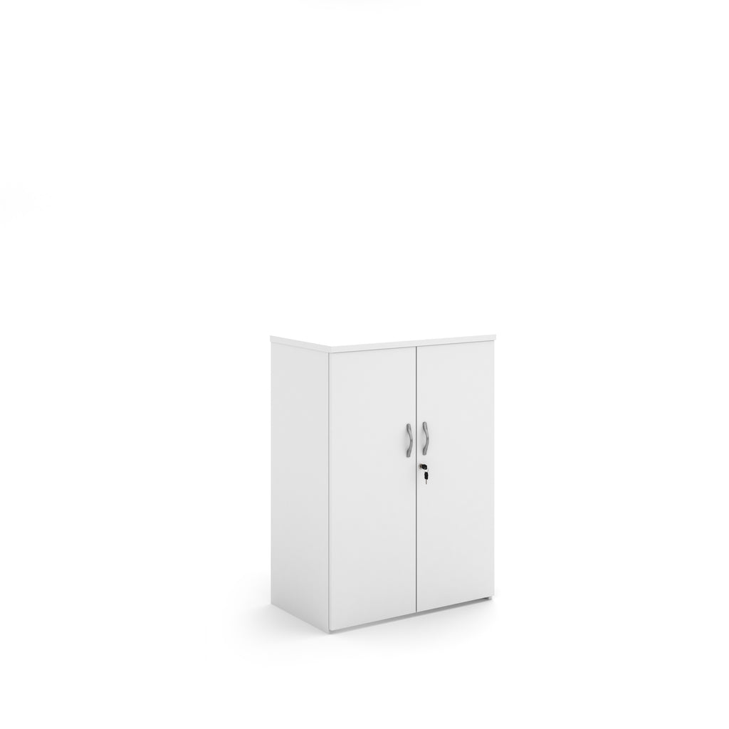 White storage cabinet with two doors on a white background
