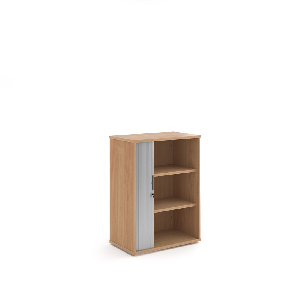 Wooden bookshelf with a metallic door on a white background