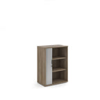 Wooden bookshelf with a white door on a white background
