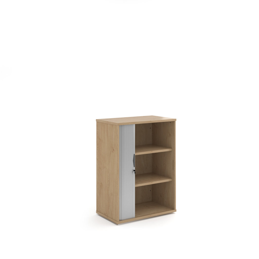 Wooden bookshelf with a metallic door on a white background