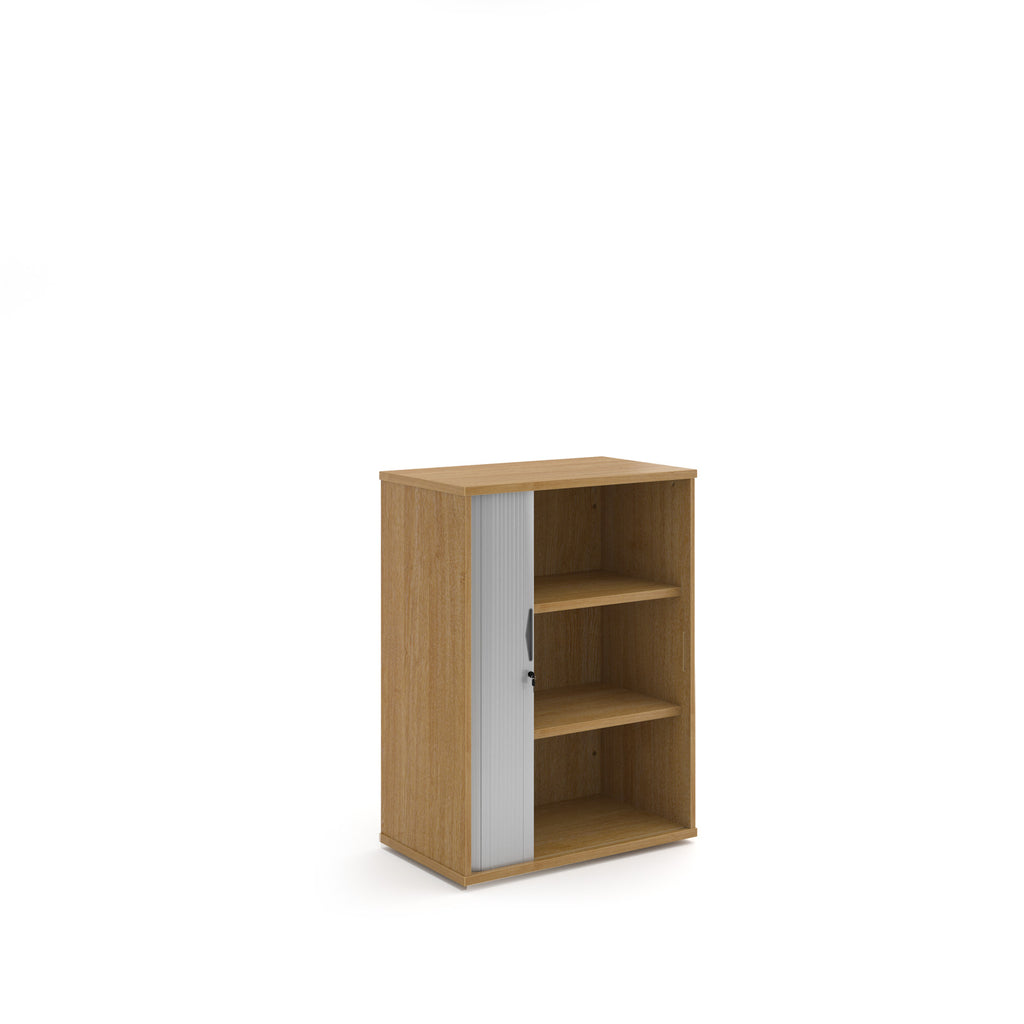 Wooden bookshelf with a metallic door on a white background