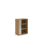 Wooden bookshelf with a metallic door on a white background