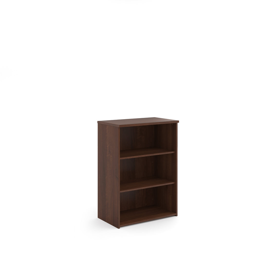 Wooden bookshelf with two shelves on a white background