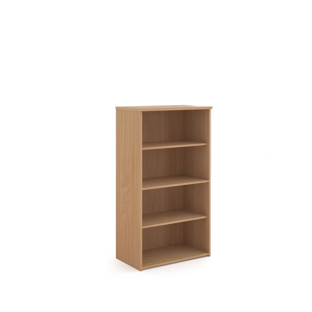 Wooden bookshelf with three shelves on a white background