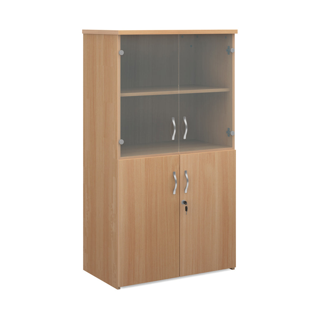 Office storage cupboard with a wood-effect carcass, lockable lower doors, and upper glass display doors with internal shelving, shown on a white background.