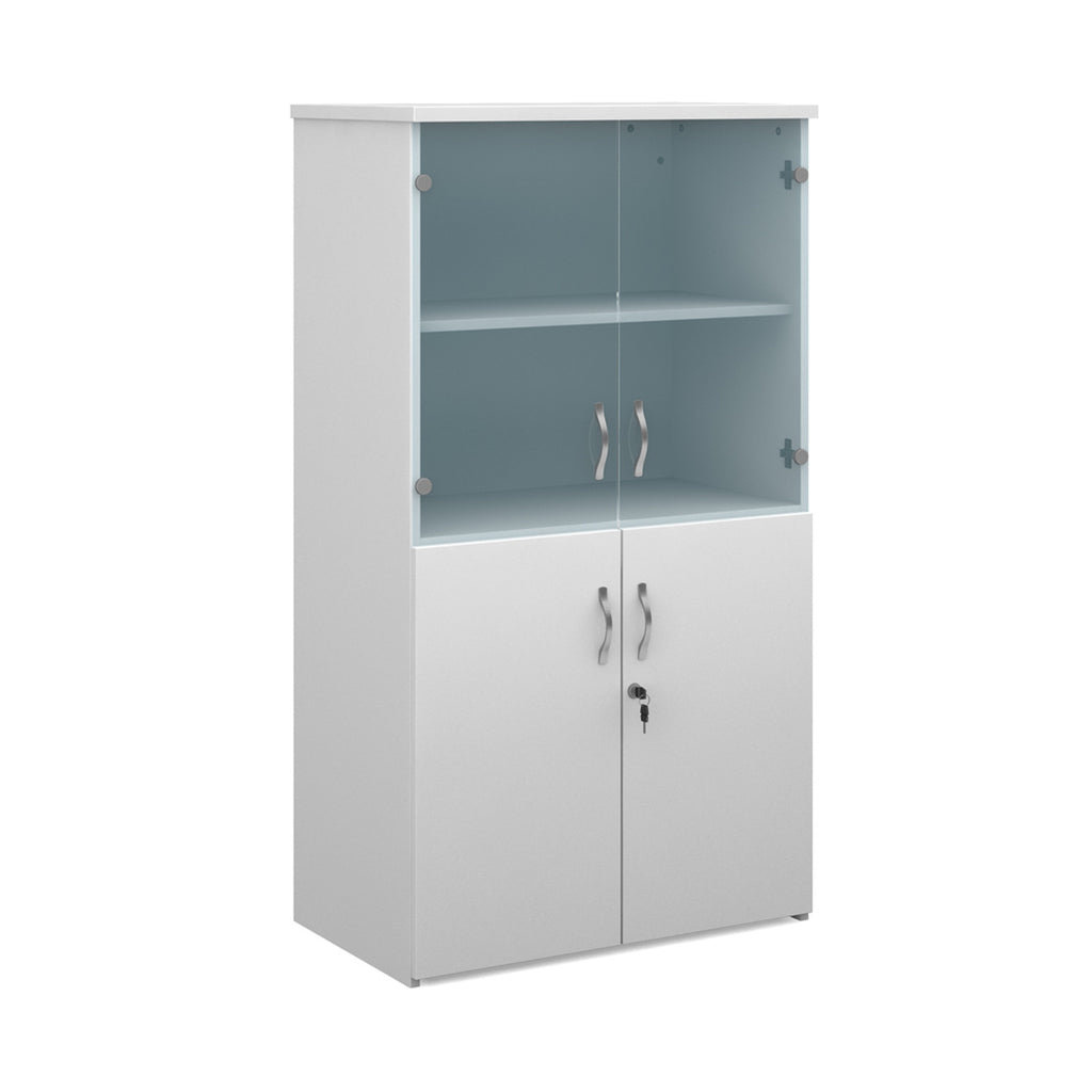 Office storage cupboard with a white carcass, lockable lower doors, and upper glass display doors with internal shelving, shown on a white background.