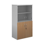 Office storage cupboard with a white carcass, lockable lower wood-effect doors, and upper glass display doors with internal shelving, shown on a white background.