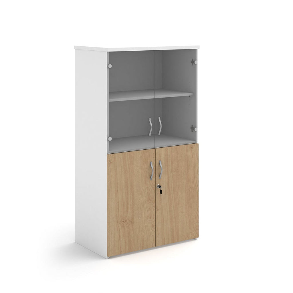 Office storage cupboard with a white carcass, lockable lower wood-effect doors, and upper glass display doors with internal shelving, shown on a white background.