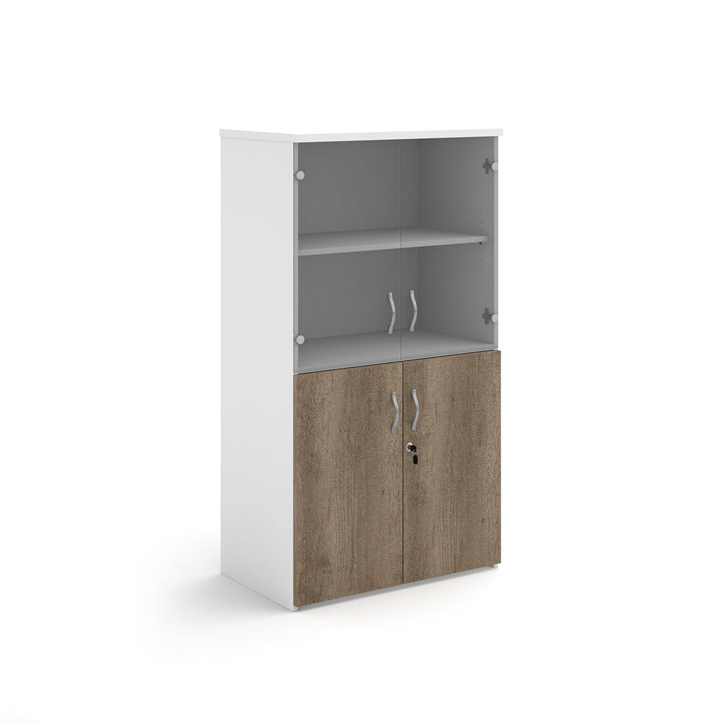 Office storage cupboard with a white carcass, lockable lower  wood-effect doors, and upper glass display doors with internal shelving, shown on a white background.