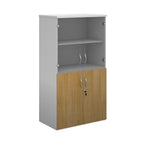 Office storage cupboard with a white carcass, lockable lower wood-effect doors, and upper glass display doors with internal shelving, shown on a white background.