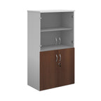 Office storage cupboard with a white carcass, lockable lower dark wood-effect doors, and upper glass display doors with internal shelving, shown on a white background.